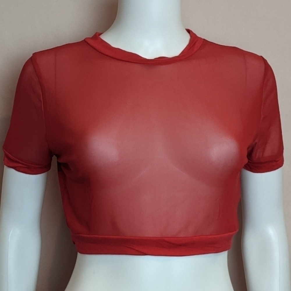 PrettyLittleThing Red Mesh Short Sleeve Sheer Crop Top size 10
